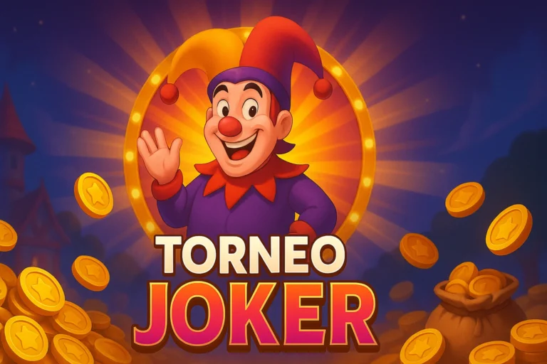 Caratula de un bufon sonriente y fondo dorado para un evento de Torneo Joker Coin Master.